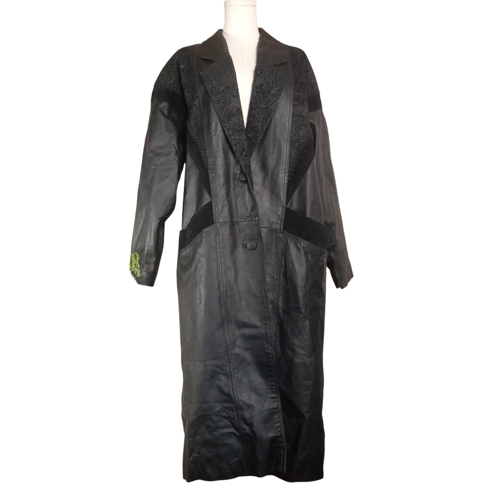 Vintage Comint Black Genuine Leather Lace Suede Long Trench Coat Jacket Womens L